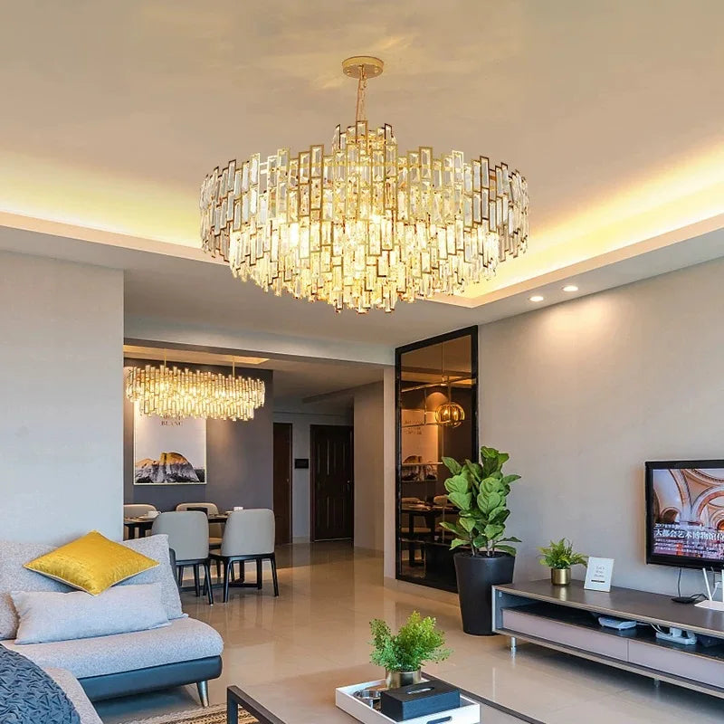 lustre design led moderne en cristal argenté et doré suspendu - vue 3 sur 13