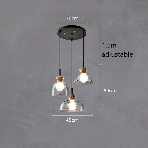 suspension led en verre grain d'eau et bois nordique rétro - vue 9 sur 11