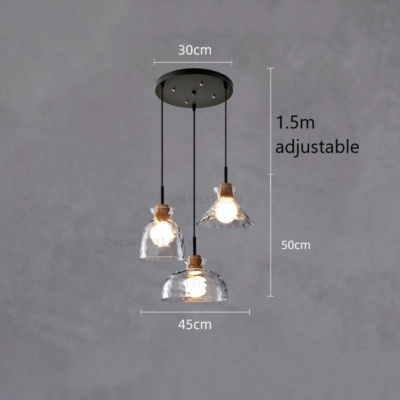 suspension led en verre grain d'eau et bois nordique rétro - vue 8 sur 11
