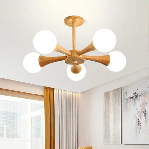 lustre moderne en bois avec abat-jour en verre - vue 2 sur 9