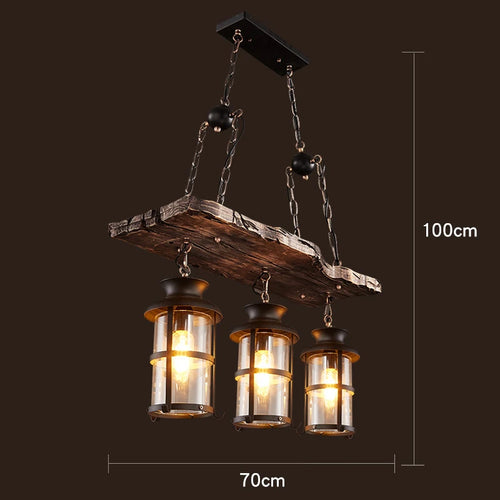 lustre vintage loft en bois avec suspension LED - vue 18 sur 28