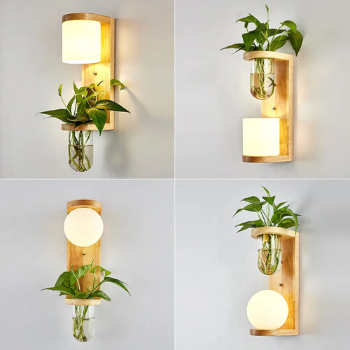 applique murale nordique bois plante verte abat-jour verre led - vue 3 sur 16