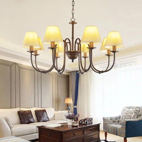 Lustre de pays européen et américain classique en fer forgé salon chambre lampe salle à manger tissu abat-jour lustre - vue 3 sur 15