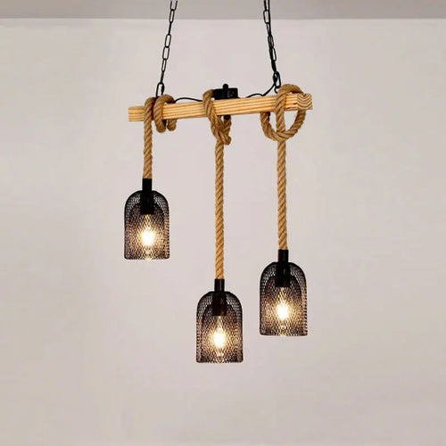 lustre industriel rétro avec 3 têtes en bois et corde de chanvre - vue 9 sur 8