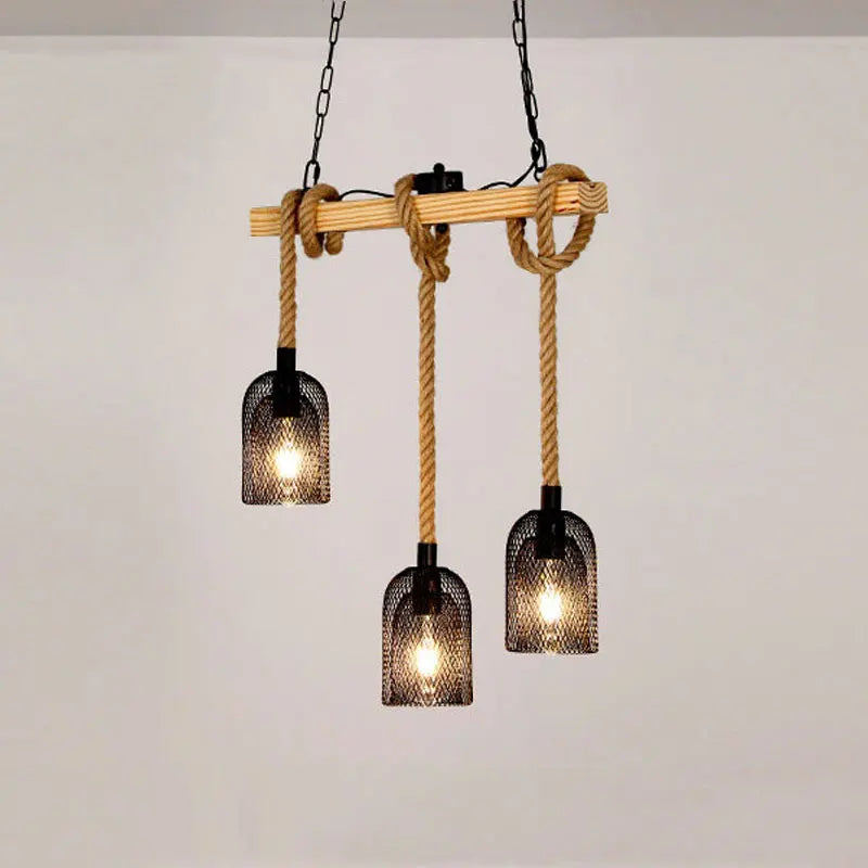 lustre industriel rétro avec 3 têtes en bois et corde de chanvre - vue 8 sur 8