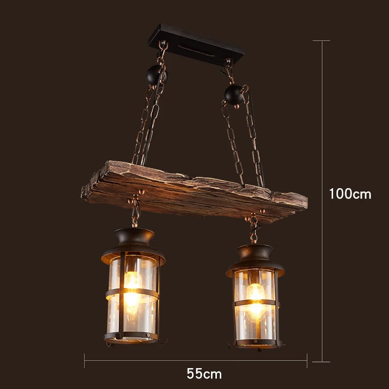 lustre vintage loft en bois avec suspension LED - vue 8 sur 28