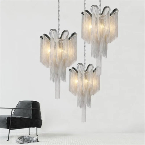 lustres modernes en aluminium avec chaîne et pompons à LED - vue 4 sur 6