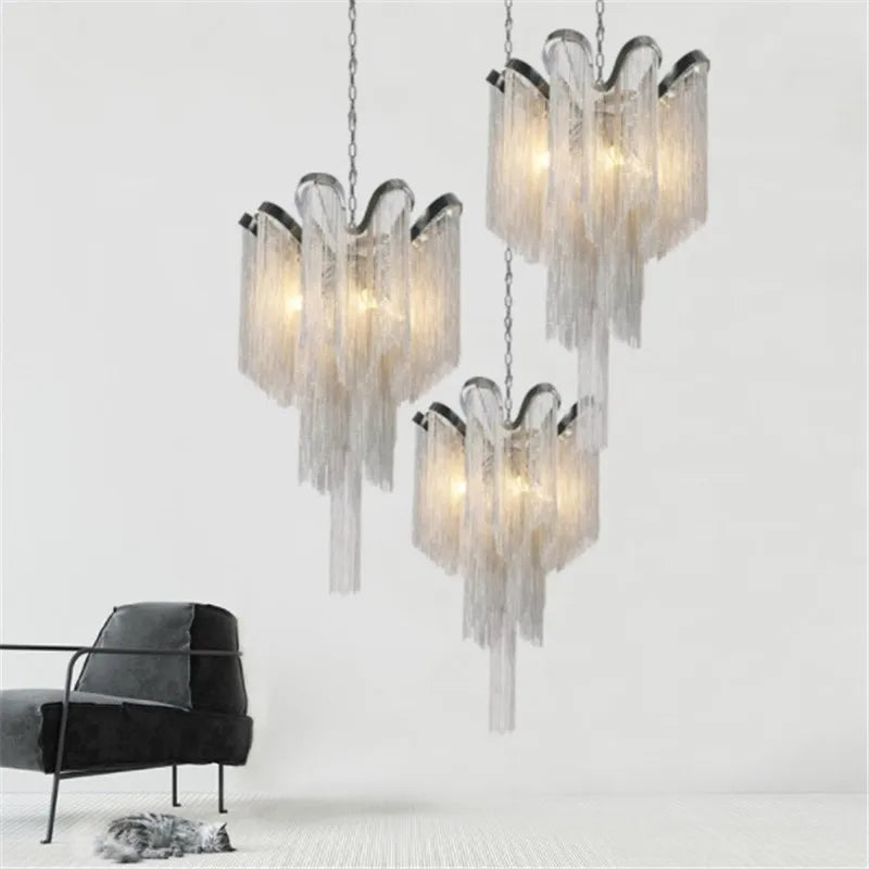 lustres modernes en aluminium avec chaîne et pompons à LED - vue 4 sur 6