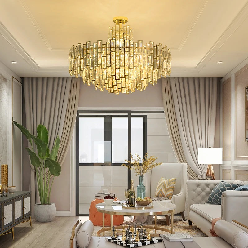 lustre design led moderne en cristal argenté et doré suspendu - vue 10 sur 13