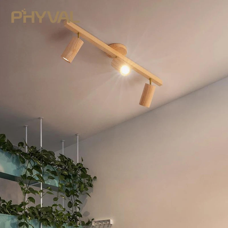 Plafonnier projecteurs spots sur rail LED nordique salon mur allée barre éclairage magasin de vêtements en bois - vue 3 sur 10