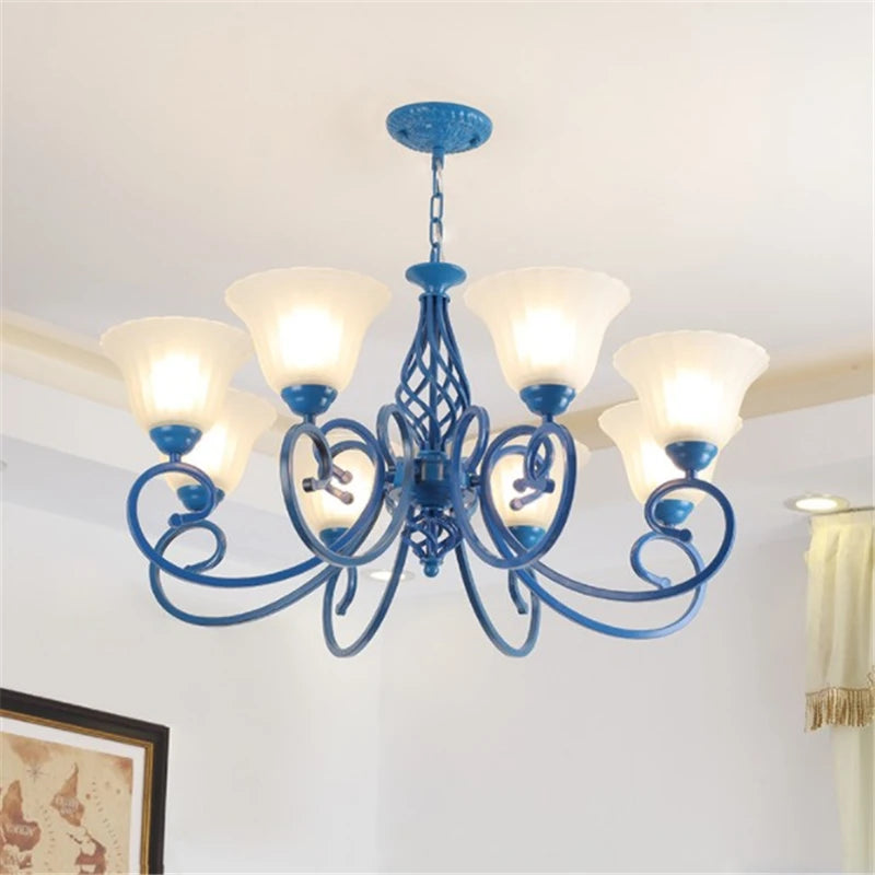 lustre suspendu en fer forgé avec abat jour en verre vintage - vue 3 sur 9