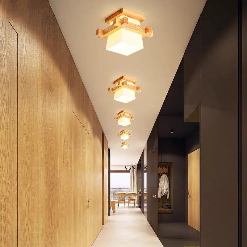 plafonnier led japonais avec abat-jour en verre et base en bois - vue 4 sur 18