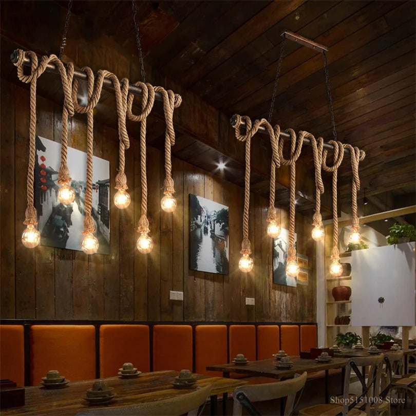 lumière suspendue style industriel rétro avec corde de chanvre - vue 3 sur 9