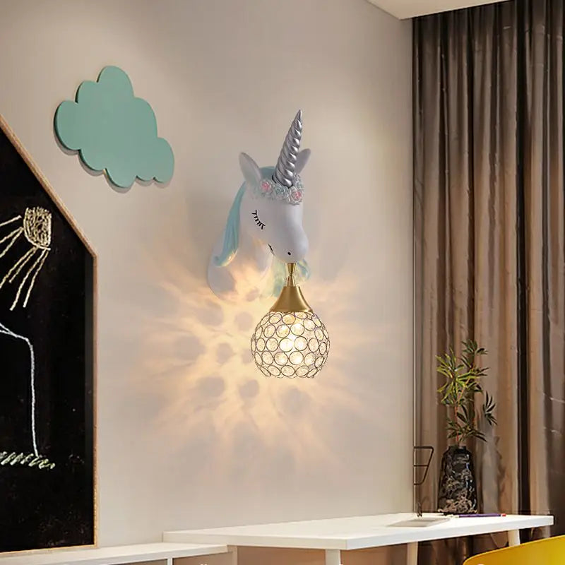 applique murale Dessin animé enfants bébé tenture LED résine licorne bleu rose pour princesse fille chambre décoration - vue 3 sur 23