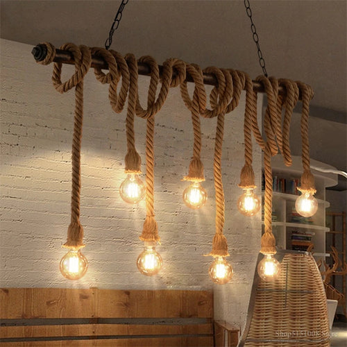 lumière suspendue style industriel rétro avec corde de chanvre - vue 3 sur 9