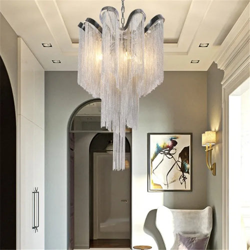 lustres modernes en aluminium avec chaîne et pompons à LED - vue 5 sur 6