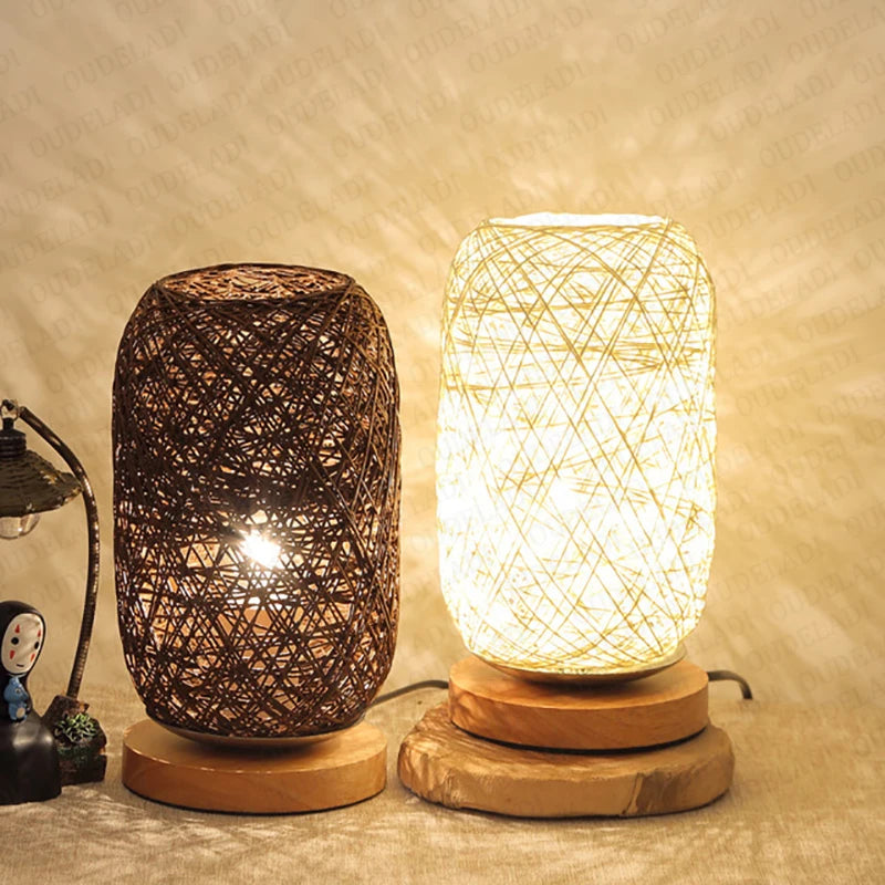 lampe à poser en rotin base bois décoration intérieure moderne - vue 5 sur 8