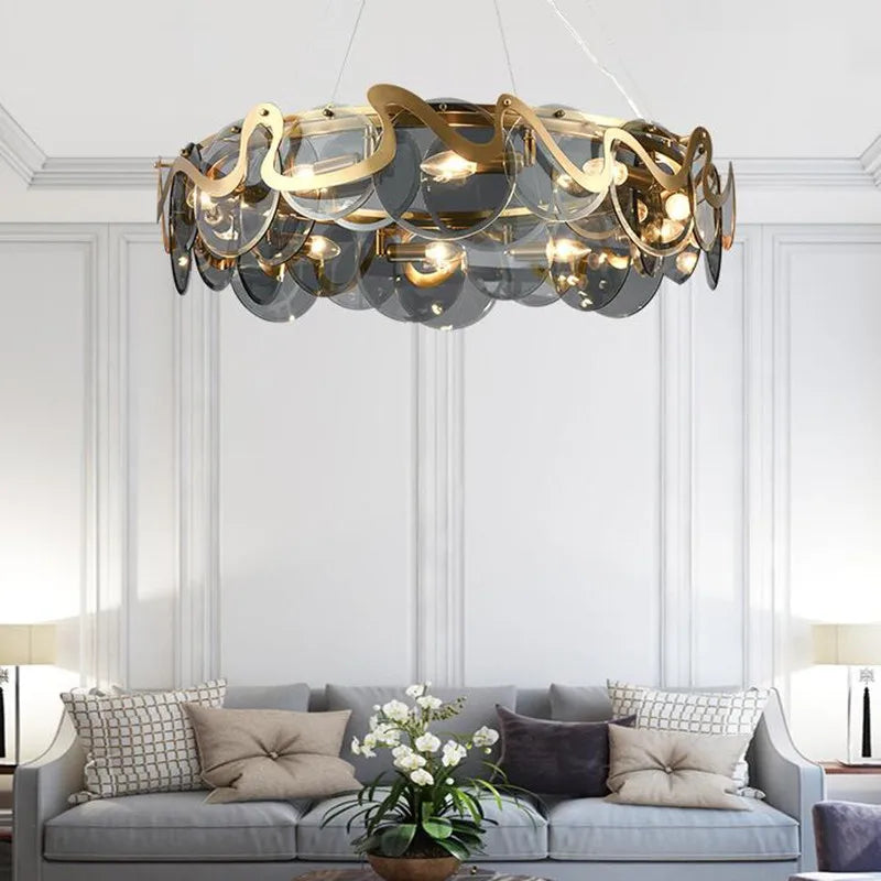 lustre rond en verre et fer pour éclairage intérieur - vue 4 sur 12