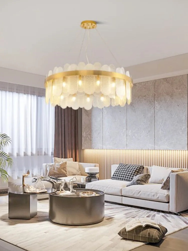 lustre ovale en métal doré avec abat-jour en verre suspendu - vue 2 sur 15