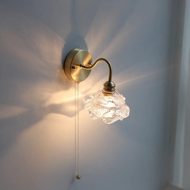 Applique murale fleur verre cuivre tirer chaîne interrupteur LED chambre salle de bain miroir escalier lumière nordique moderne - vue 5 sur 22