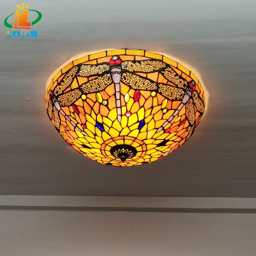 16Inch Dragonfly Ceiling Light Tiffany Style Glass Lamp European Retro Decorative Lighting Bedroom Balcony Bar LED Lighting E27 - vue 5 sur 6
