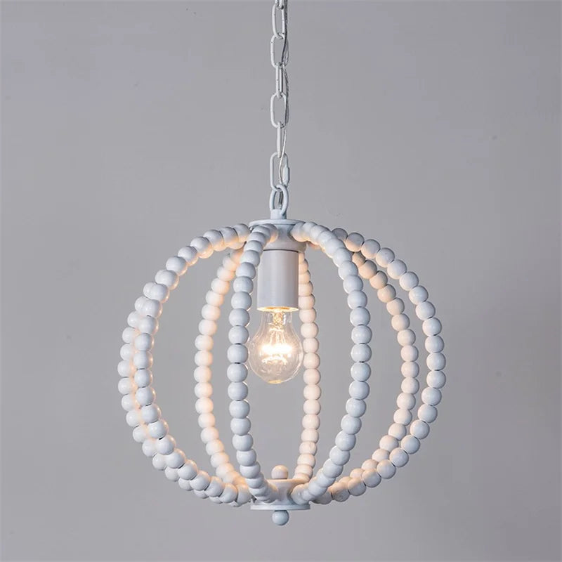 lustre rond en perles de bois style rétro rustique en fer blanc - vue 3 sur 11