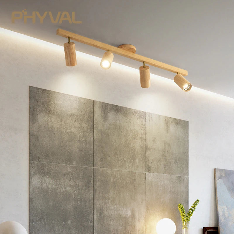 Plafonnier projecteurs spots sur rail LED nordique salon mur allée barre éclairage magasin de vêtements en bois - vue 5 sur 10