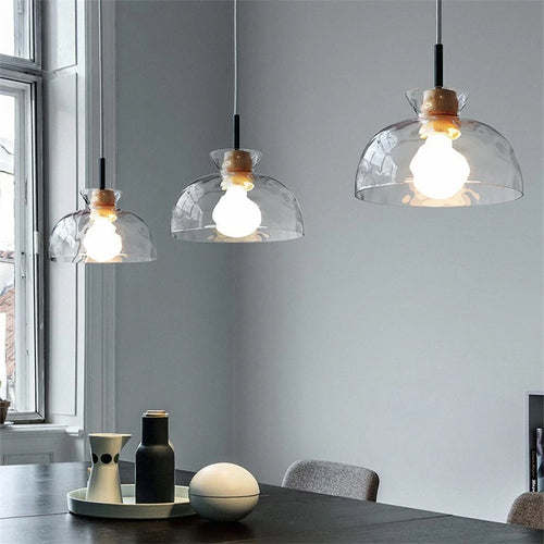 suspension led en verre grain d'eau et bois nordique rétro - vue 3 sur 11
