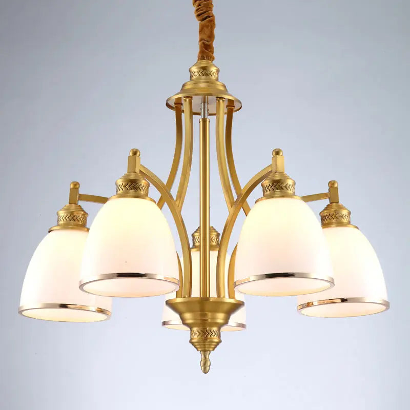 lustre moderne en cuivre avec abat-jour en verre blanc - vue 4 sur 6
