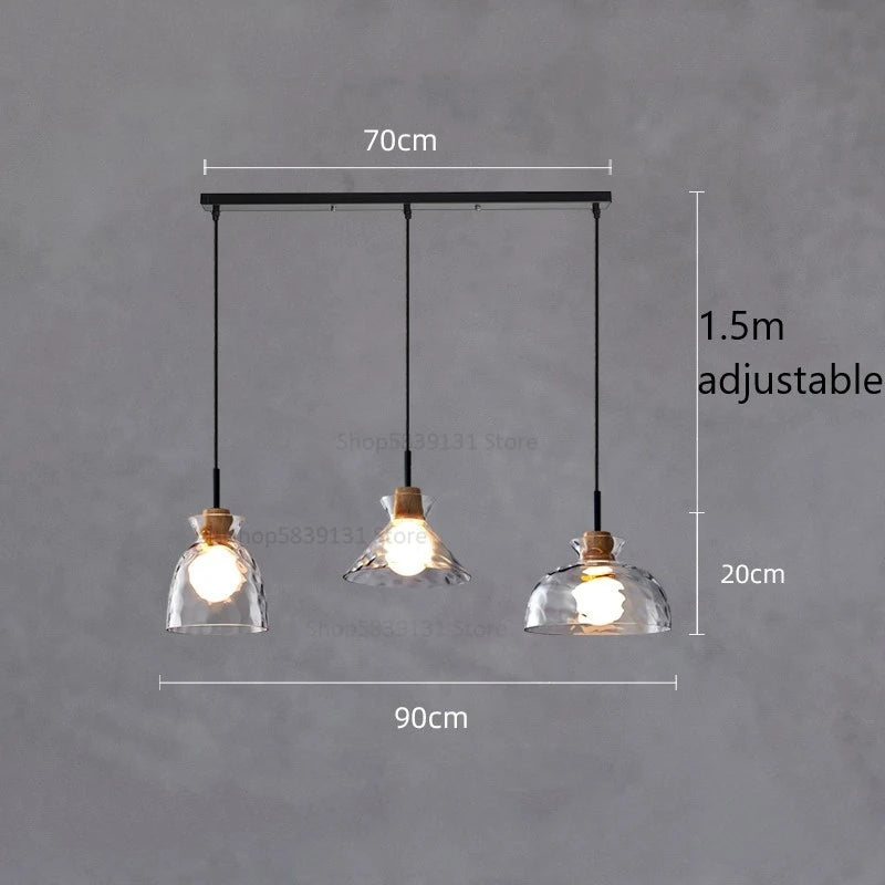 suspension led en verre grain d'eau et bois nordique rétro