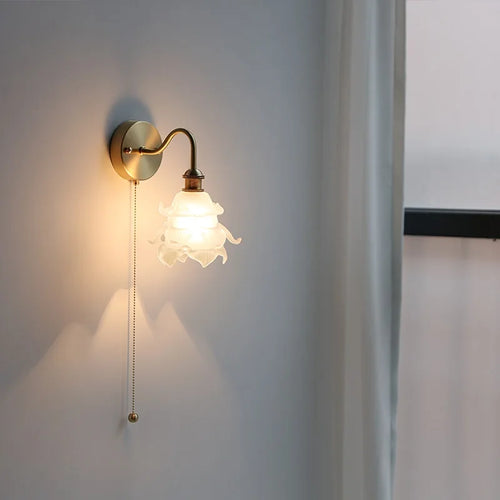 Applique murale fleur verre cuivre tirer chaîne interrupteur LED chambre salle de bain miroir escalier lumière nordique moderne - vue 7 sur 22