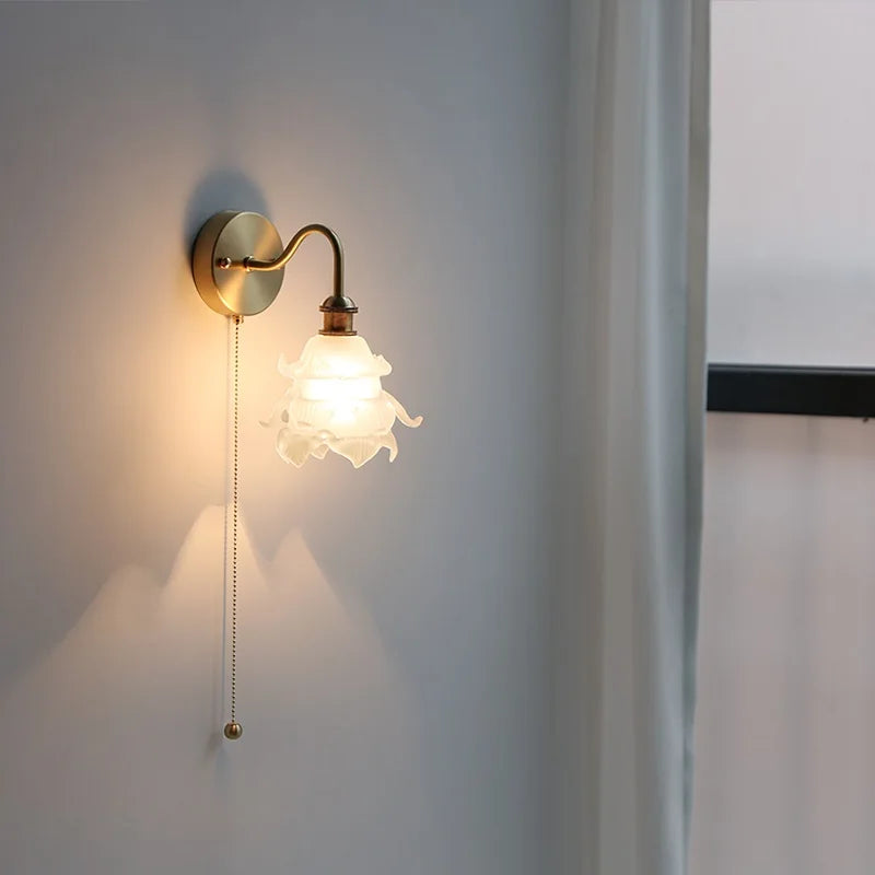 Applique murale fleur verre cuivre tirer chaîne interrupteur LED chambre salle de bain miroir escalier lumière nordique moderne - vue 6 sur 22