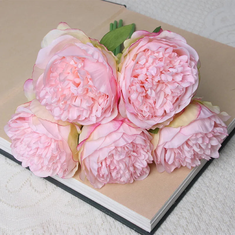bouquet de 5 têtes de roses et pivoines artificielles pour mariage décoration - vue 12 sur 13