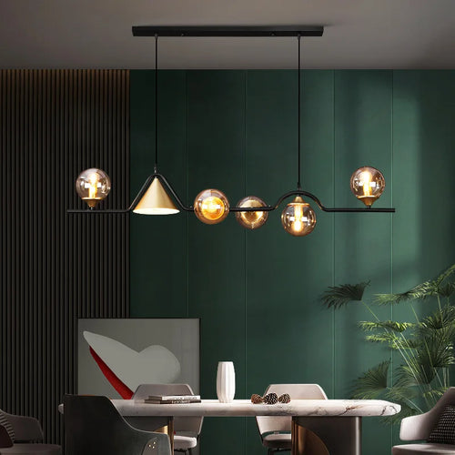 lustre rustique nordique en verre et fer noir décoratif - vue 2 sur 9