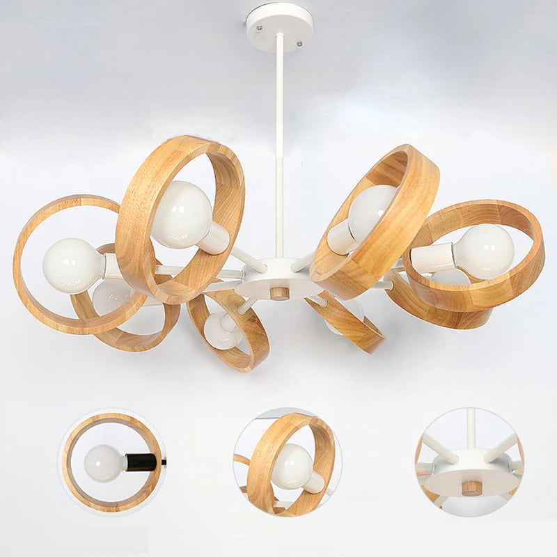 Lampe de lustre en bois nordique pour salon chambre salle à manger décor abat-jour en bois rond noir E27 Suspension - vue 6 sur 12