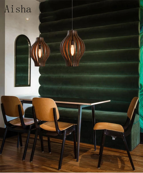 lustre rétro en bois style asiatique pour décoration intérieure - vue 4 sur 7