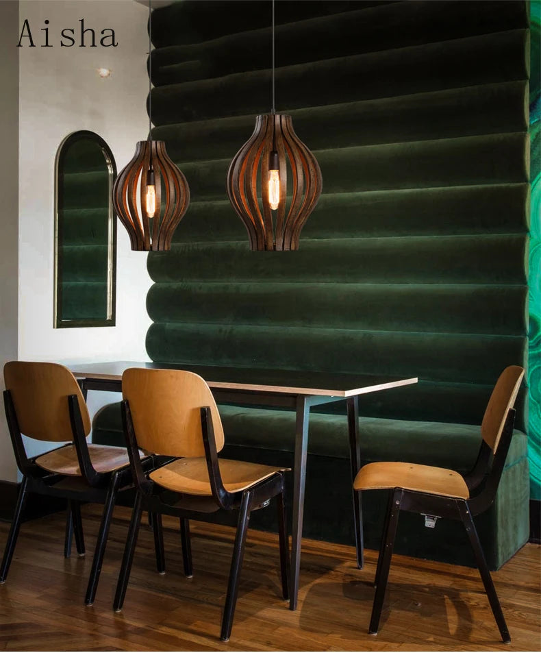lustre rétro en bois style asiatique pour décoration intérieure - vue 3 sur 7