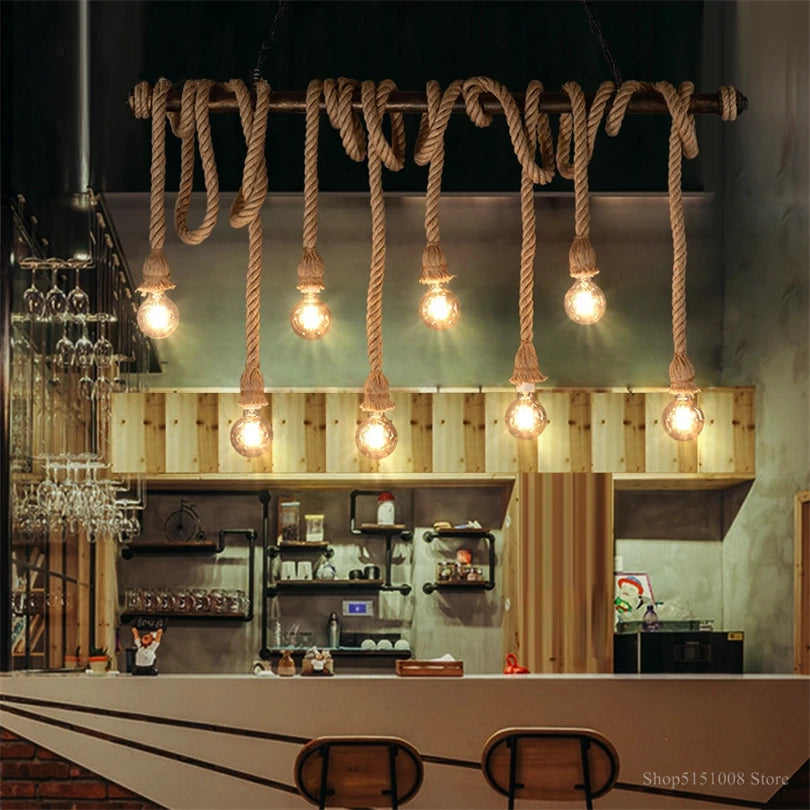 lumière suspendue style industriel rétro avec corde de chanvre - vue 4 sur 9
