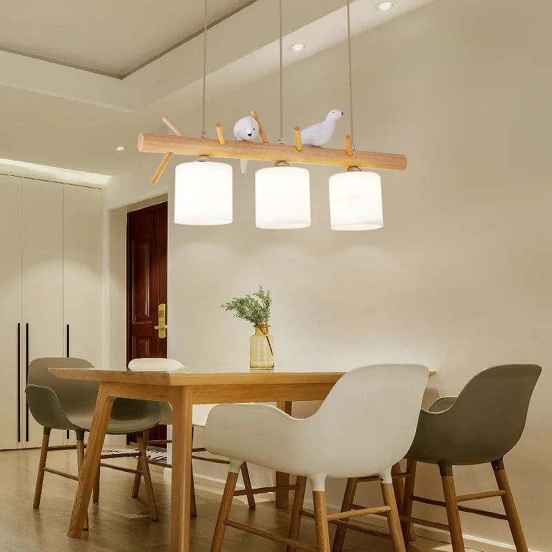 lustre en bois nordique avec éclairage en verre oiseaux 2 ou 3 têtes - vue 4 sur 8