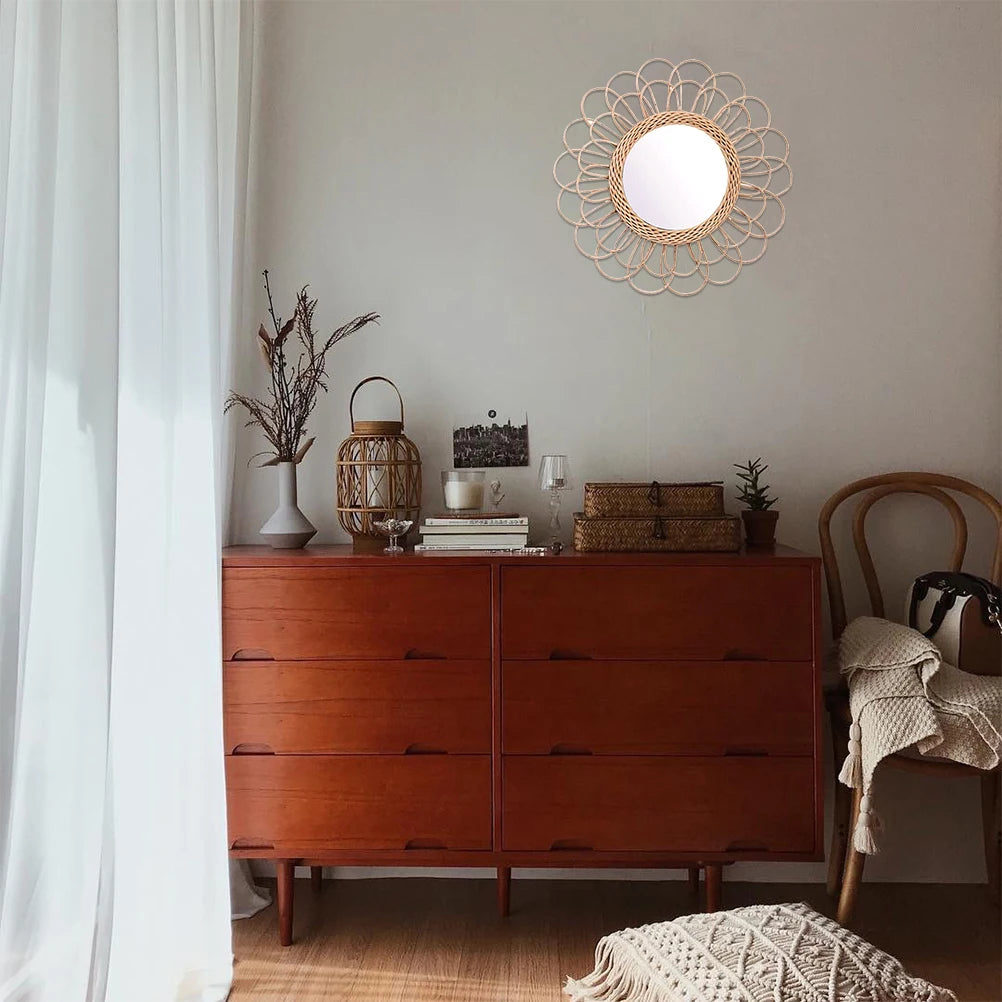 miroir suspendu en rotin motif tournesol décoratif boho - vue 5 sur 6