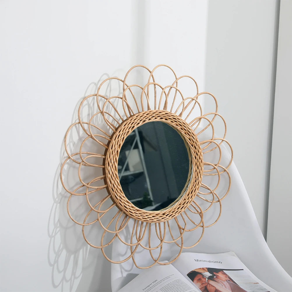 miroir suspendu en rotin motif tournesol décoratif boho - vue 6 sur 6