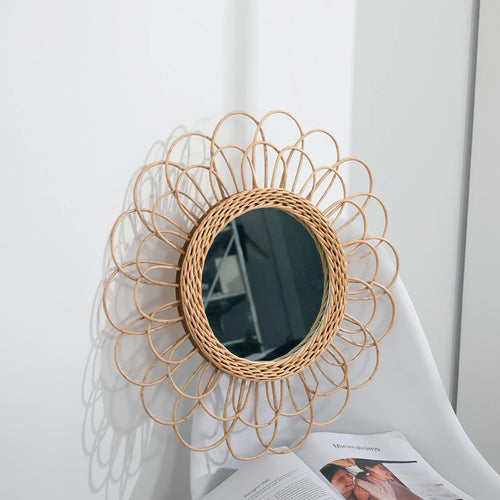 miroir suspendu en rotin motif tournesol décoratif boho - vue 6 sur 6