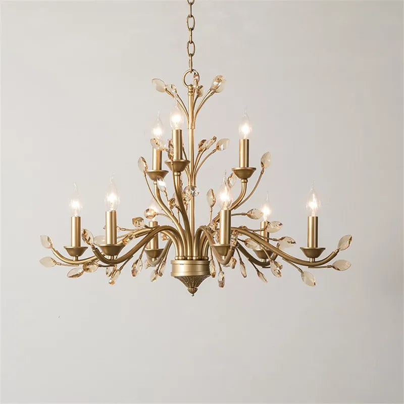 lustre américain en fer forgé avec cristal vintage en branches dorées - vue 4 sur 6