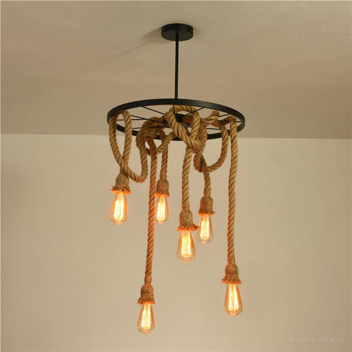 suspension vintage en fer et chanvre pour bar - vue 2 sur 8
