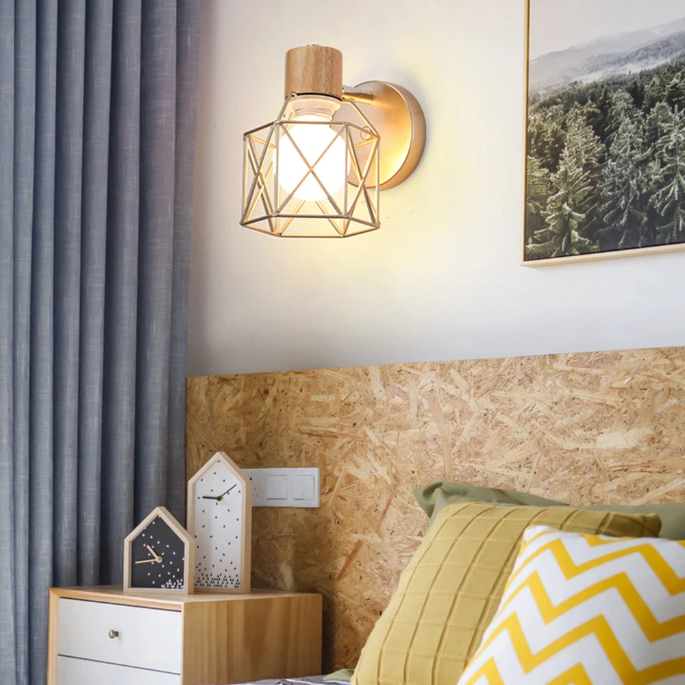 applique murale led moderne en bois avec cage en fer - vue 4 sur 9