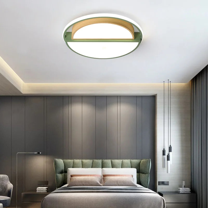 plafonnier rond minimaliste moderne en bois avec lampes led - vue 3 sur 9