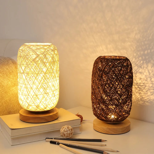 lampe à poser en rotin base bois décoration intérieure moderne - vue 2 sur 8