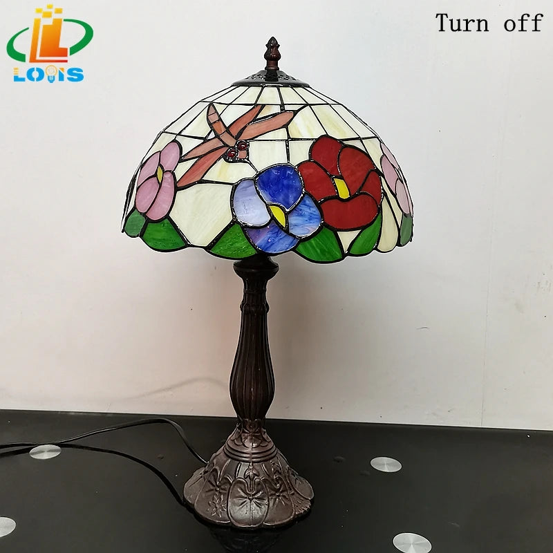 lampe de table style tiffany avec fleurs et libellules décorative - vue 6 sur 6