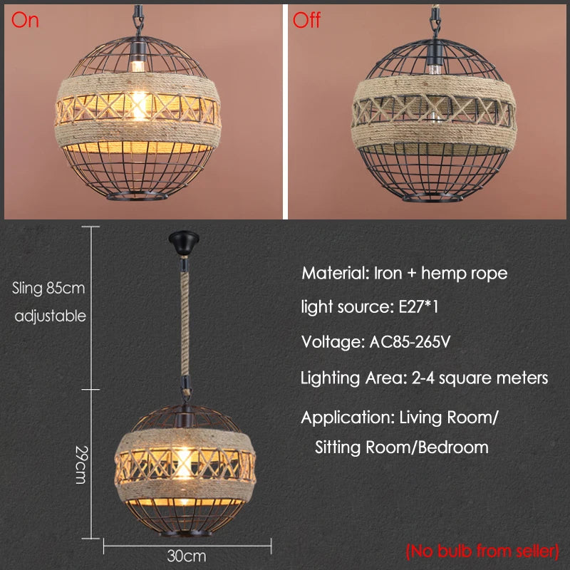 lustre rétro en corde de chanvre pour restaurant bar café - vue 2 sur 7