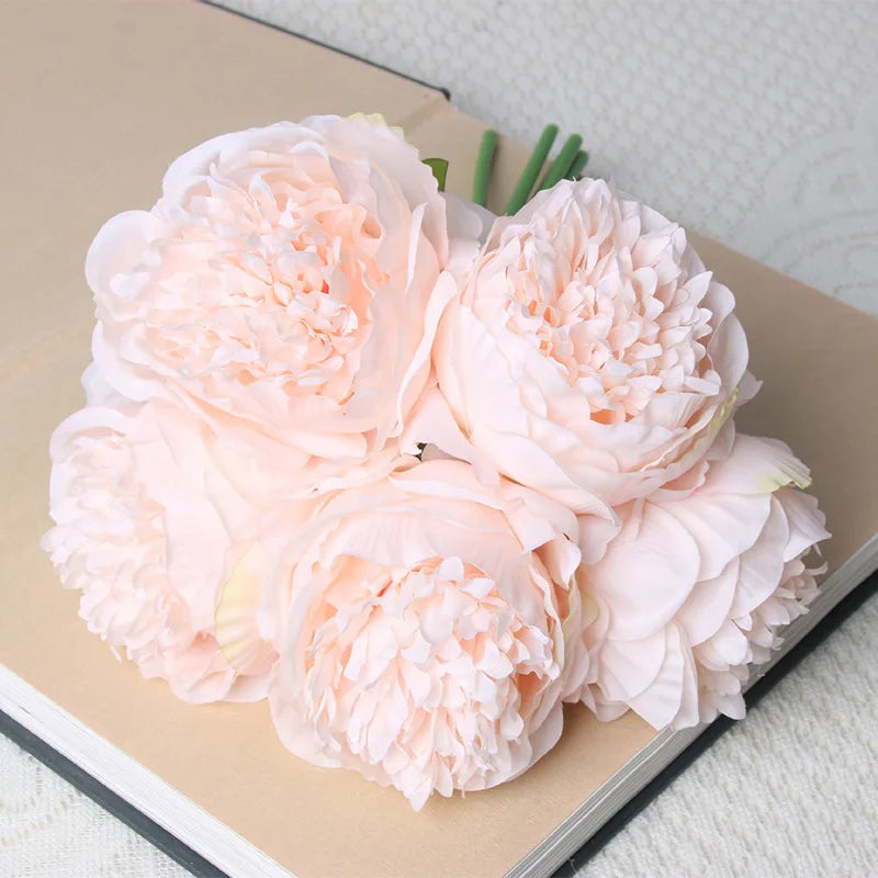 bouquet de 5 têtes de roses et pivoines artificielles pour mariage décoration - vue 8 sur 13